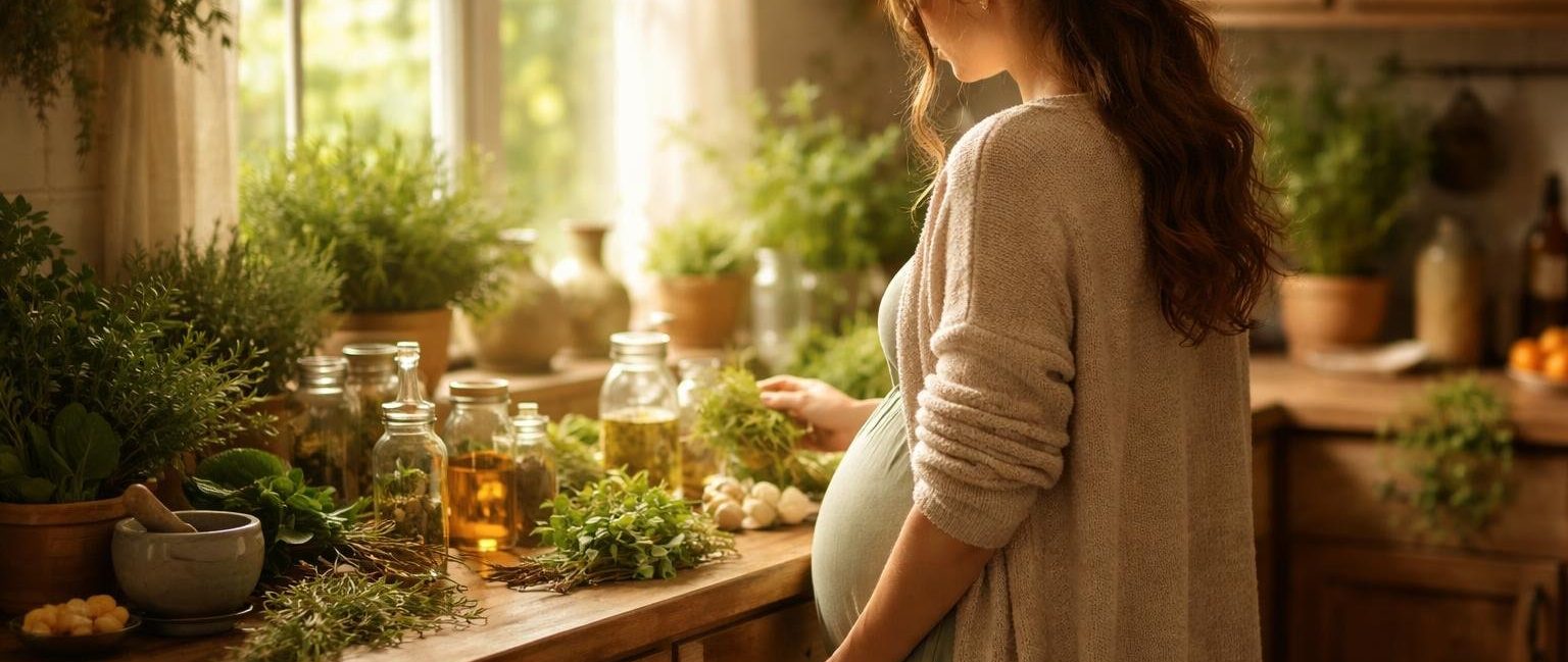 femme-enceinte-cuisine-plantes-herbes
