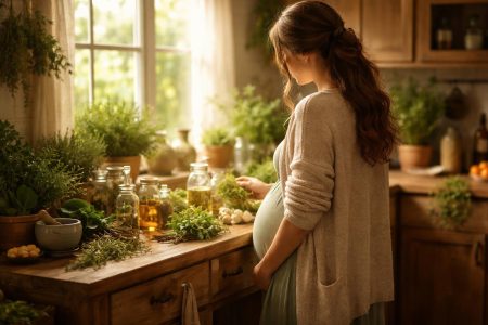 femme-enceinte-cuisine-plantes-herbes